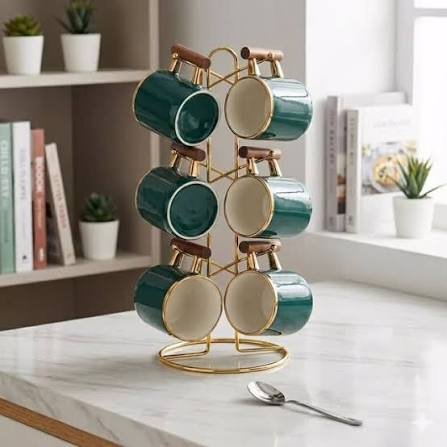 Emerald Green & Gold Mug Set with Wooden Stand