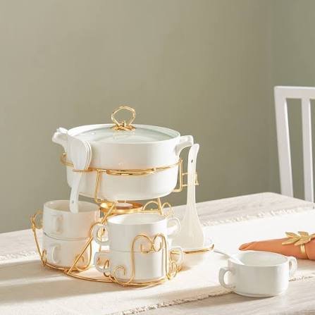 Luxury White & Gold Soup/Tea Serving Set with Rack